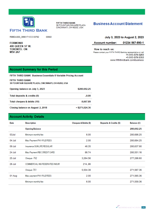 Download Fifth Third Bank business bank statement Word and PDF template Photoshop template